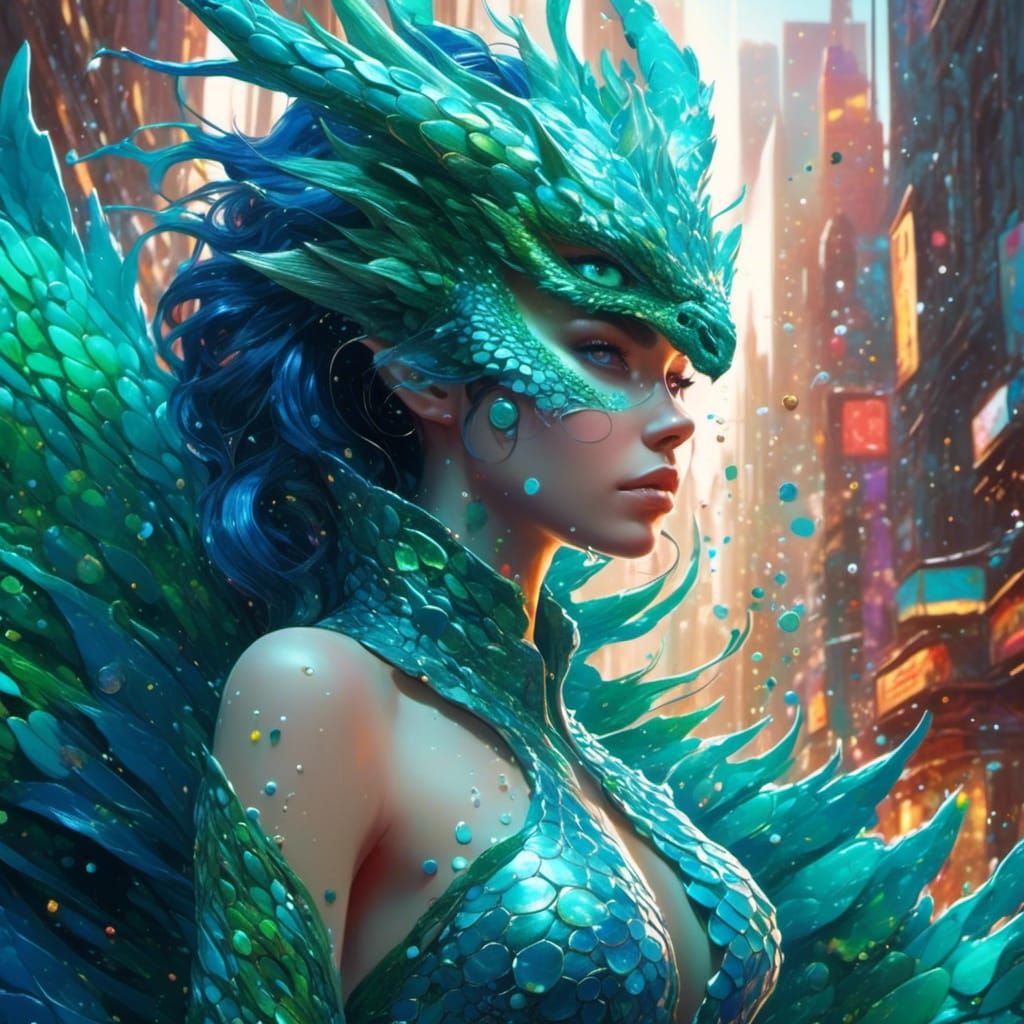 Anthro Dragon Woman with Blue Scales in Graffiti Art
