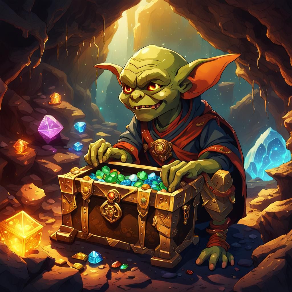 Goblin Guarding Treasure in Dimly Lit Cave