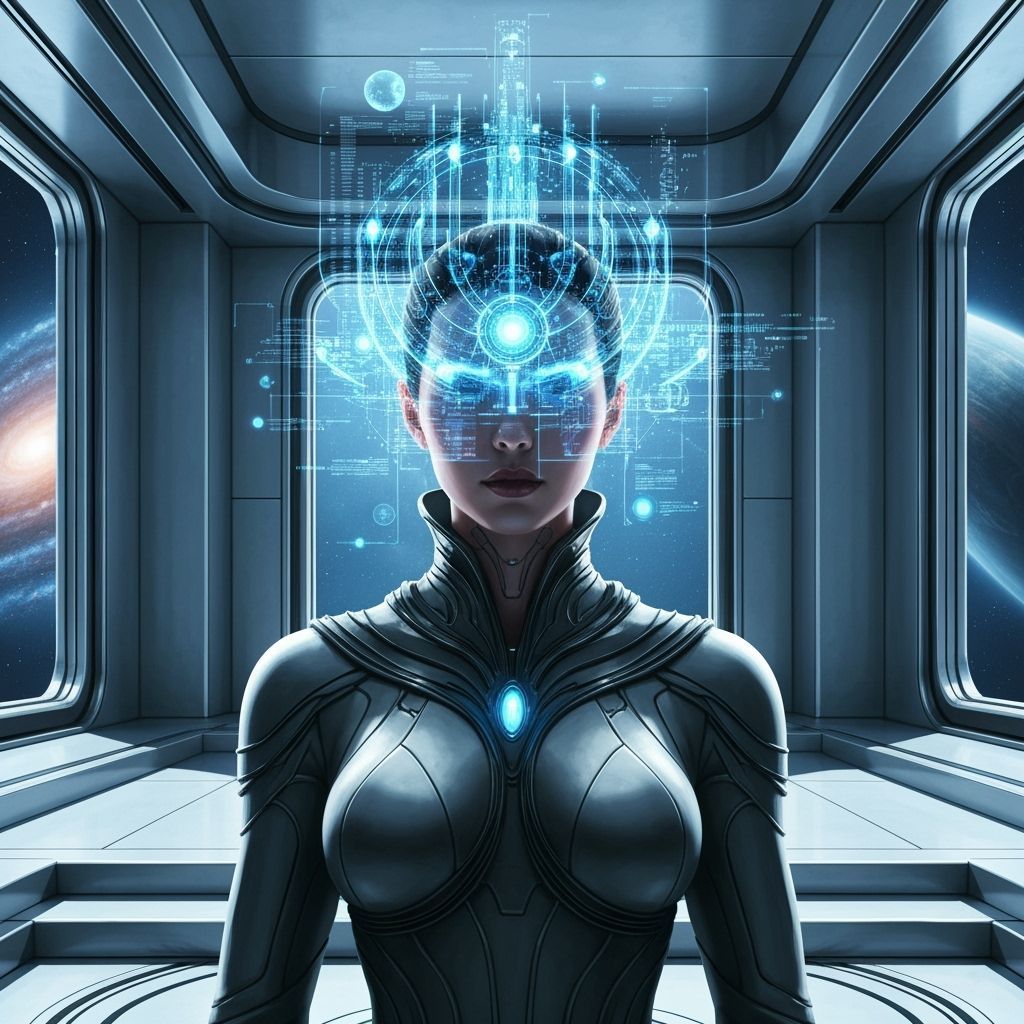 Futuristic Empress with Holographic Crown in Sci-Fi Throne R...
