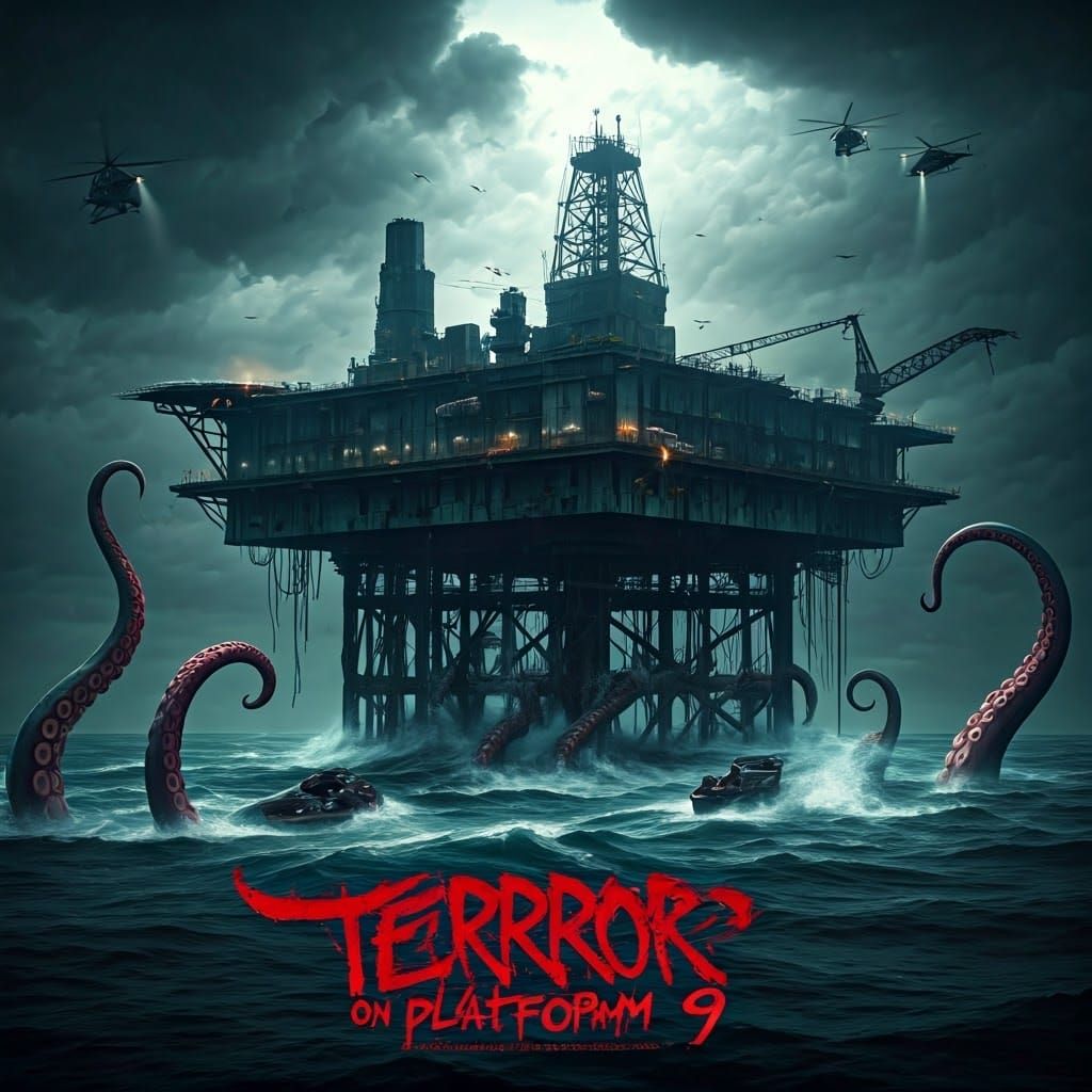 Stormy Oil Platform Engulfed by Octopus Tentacles in a Turbu...