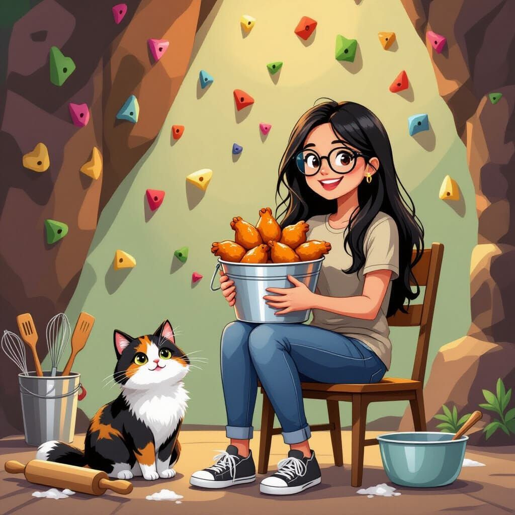 Malay Girl Hugs Cat & Chicken Wings by Rock Wall