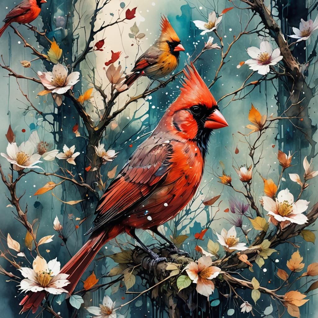 Cardinal in Fantasy Landscape: Stylized Watercolor Art