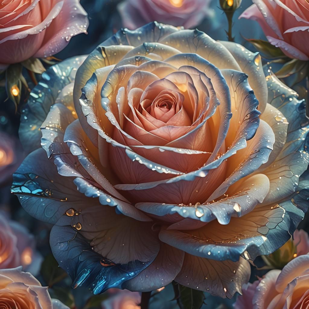 Surreal Rose with Iridescent Petals in Dreamlike Setting
