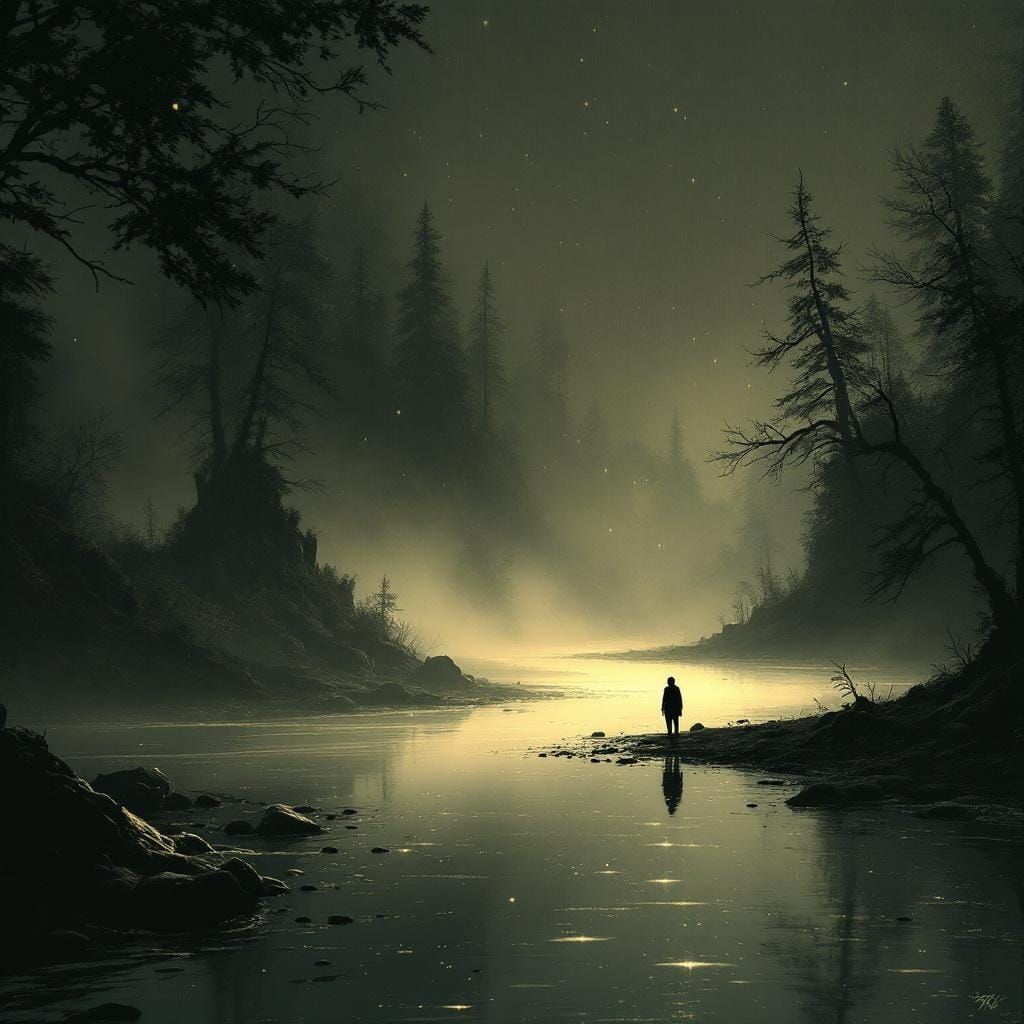 Misty Riverscape in Film Noir Comic Style