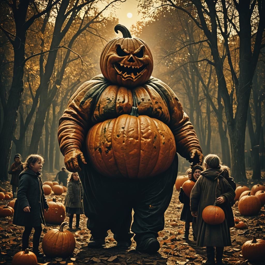 Grotesque Pumpkin Monster Devouring Children: Horror Film St...