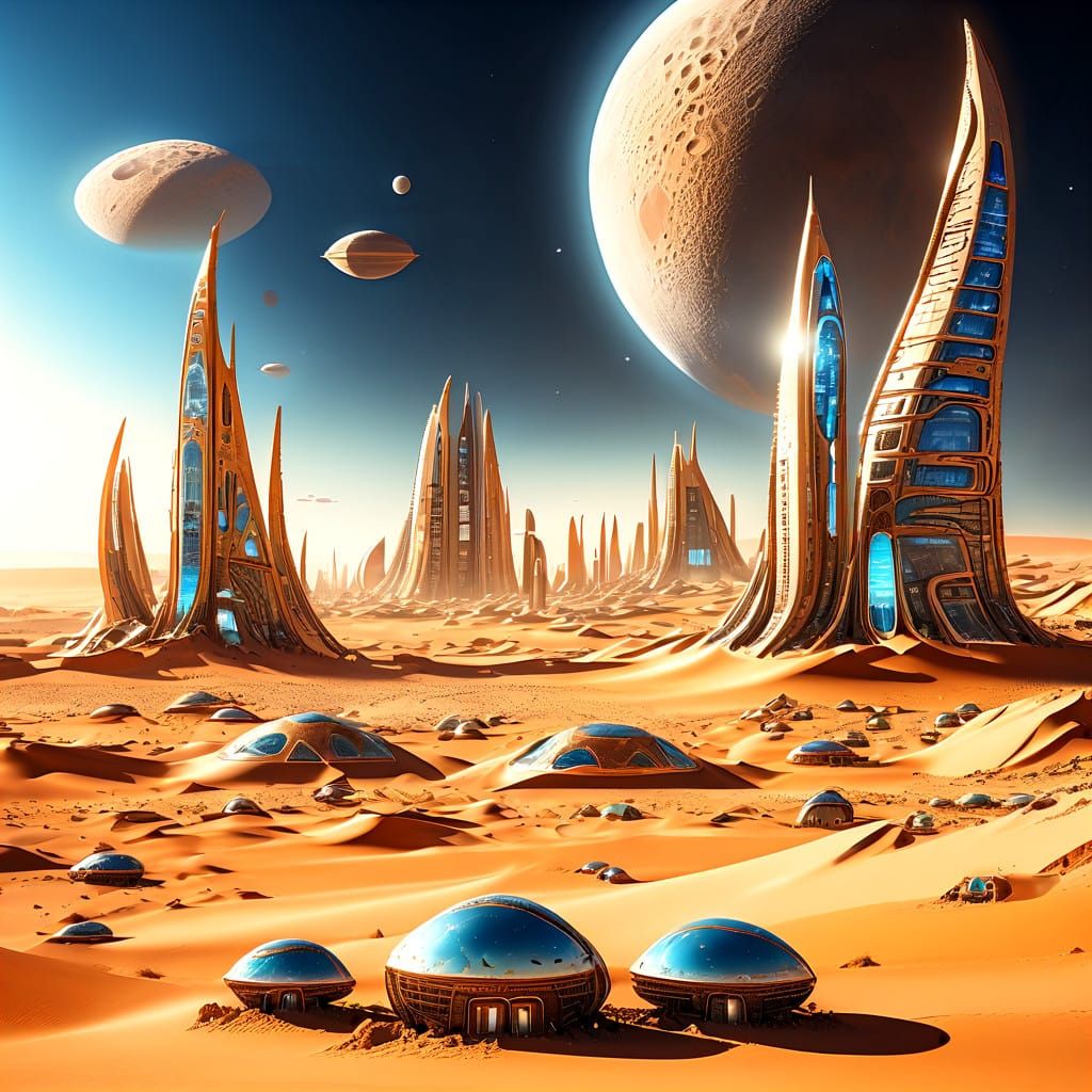 Surreal Futuristic Oasis in an Alien Desert Landscape
