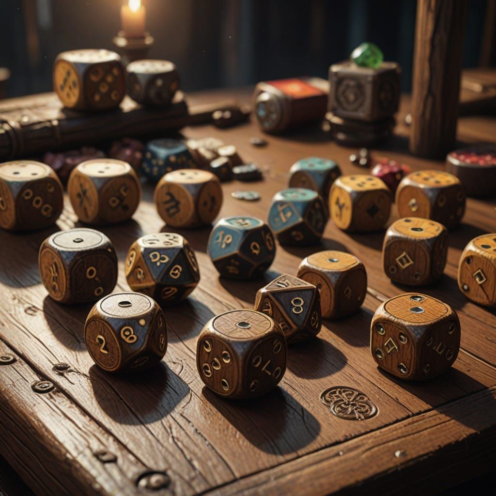 Surreal 8-Sided Dice on Worn Wooden Table in High Fantasy St...
