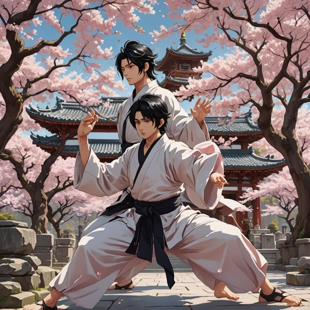 Anime Man Doing Tai Chi at Temple