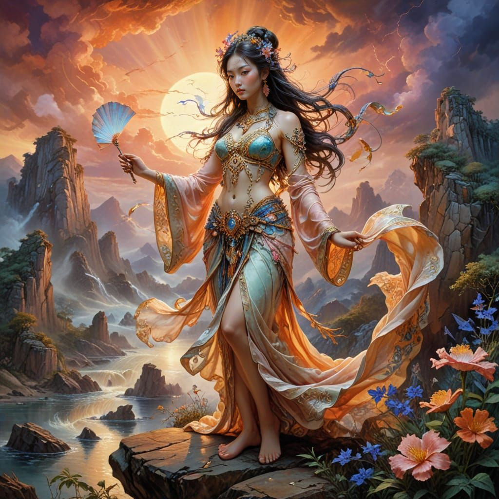 Chinese Goddess Against Sunset in Psychedelic Art Style