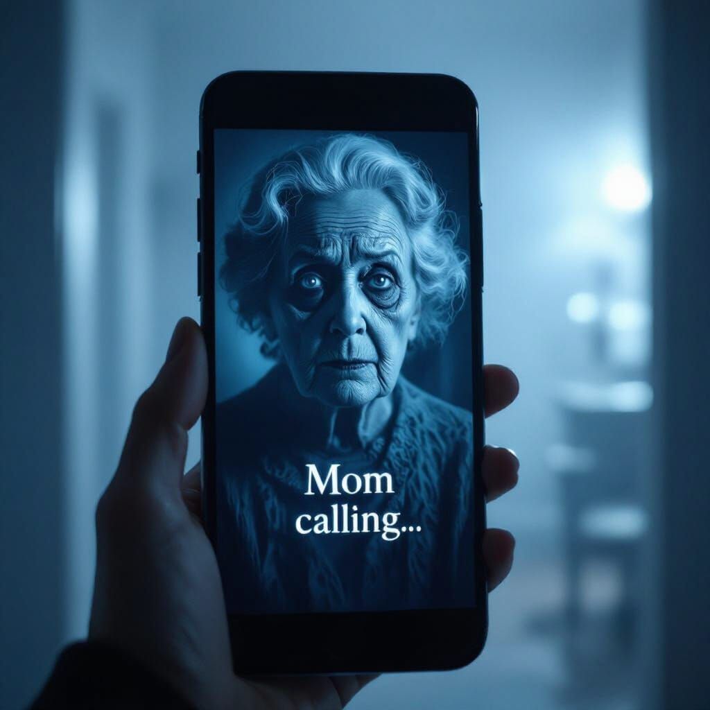 Ghostly Reflection on "Mom Calling" Screen in Foggy Room
