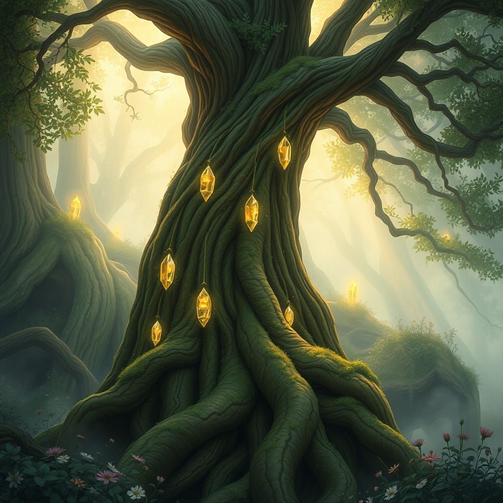 Treant Adorned with Runes and Crystals in Art Nouveau Style