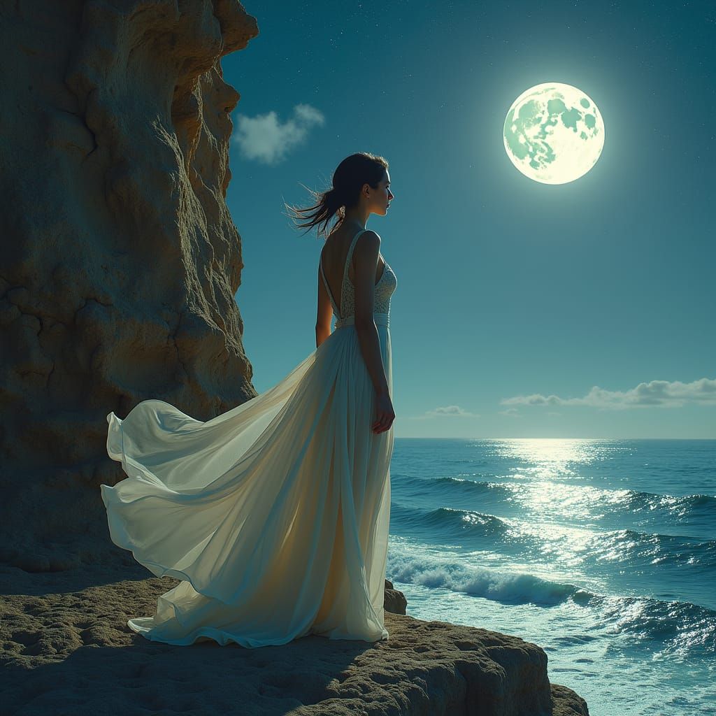 Woman on Cliff at Night Under Moonlight