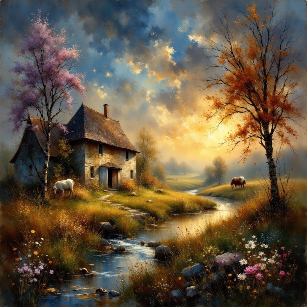 Spring Farmyard at Golden Hour with Ethereal Light