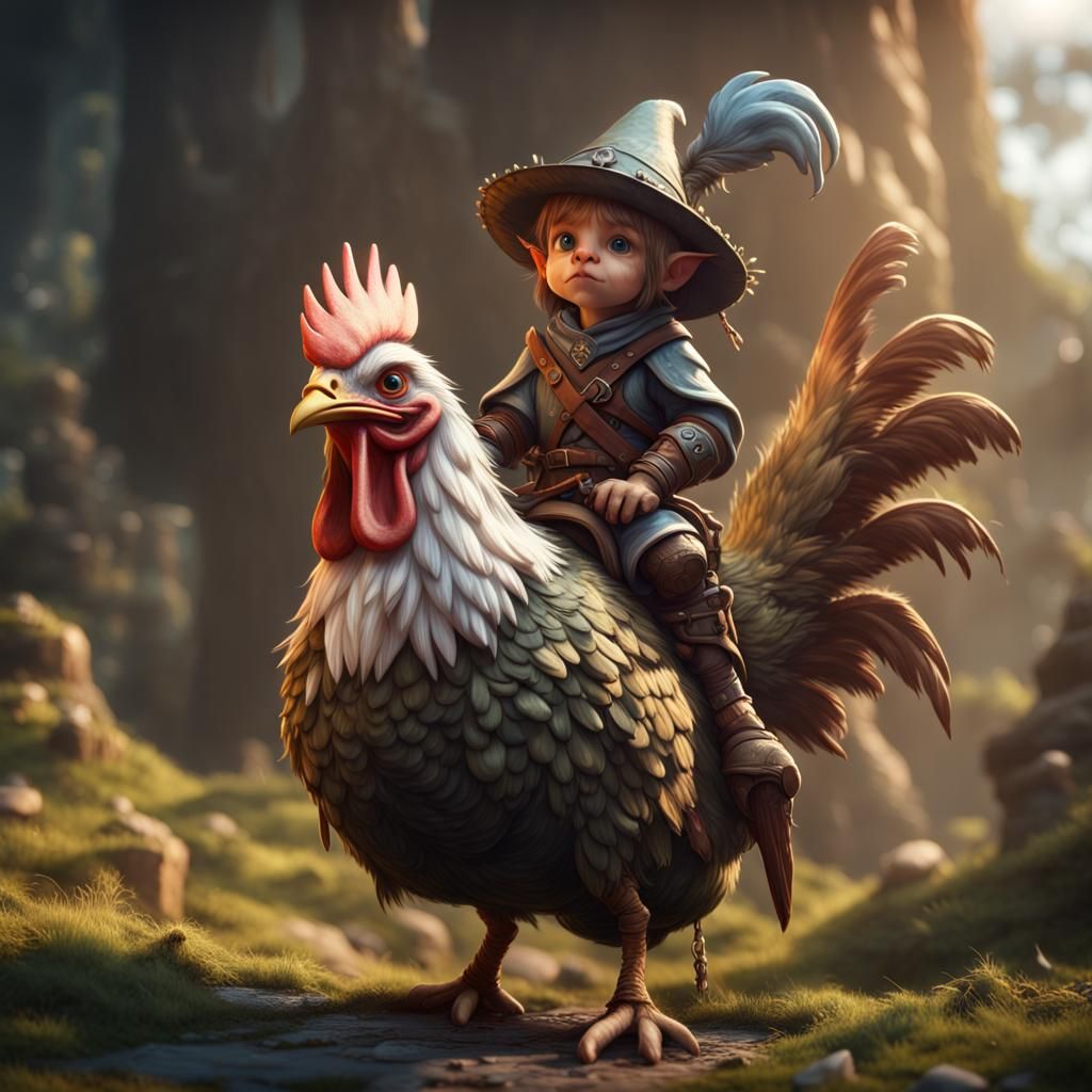 Goblin Peasant Rides Chicken in High Fantasy Art