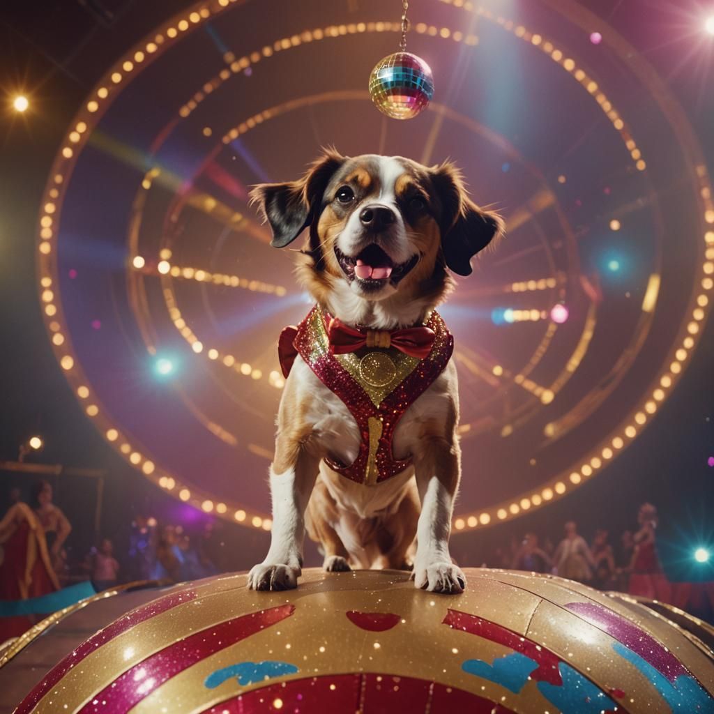 Circus Dog Balancing on Ball in 70s Style
