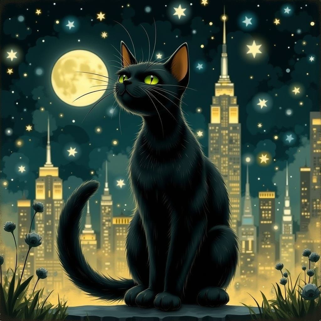 Majestic Black Cat Serenades Crescent Moon Under Starry Nigh...