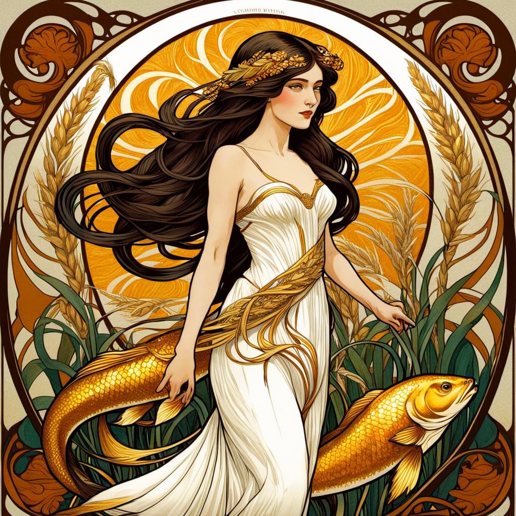 Art Nouveau Woman Riding a Golden Fish