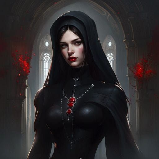 Beautiful Dark-Haired Nun Portrait in Volumetric Lighting