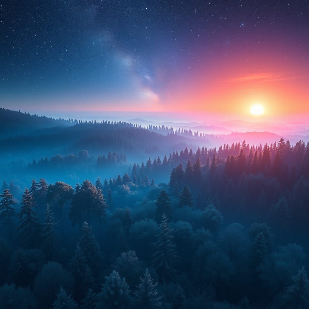 Galactic Sunset Over Ocean of Blue Trees