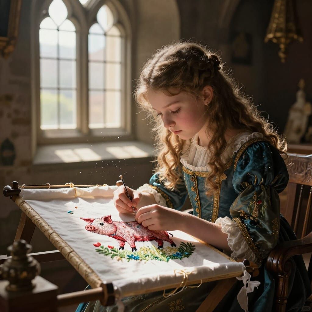 Bored Princess Embroiders Pig in Castle Tower