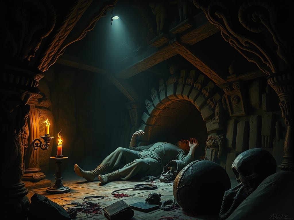 A Macabre Gothic Scene of Revenge in a Dark, Dimly Lit Catac...