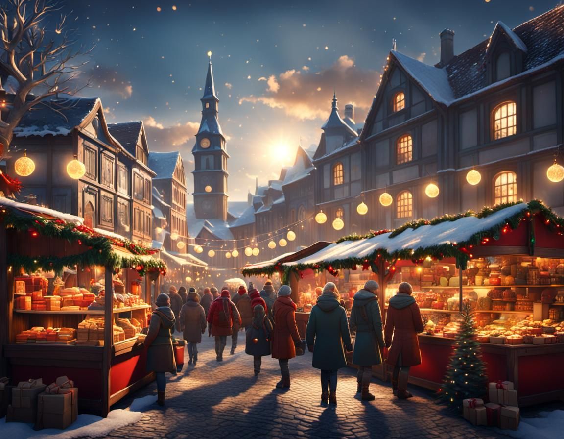 Festive Christmas Market in Bright Sunlight