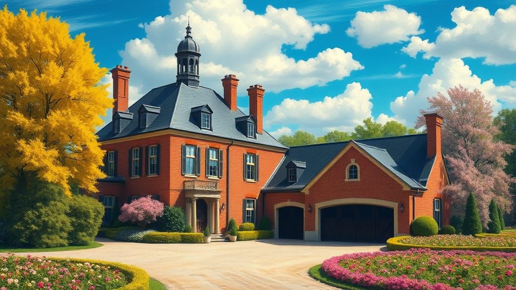 Brick Chateau with Vibrant Garden and Painterly Style