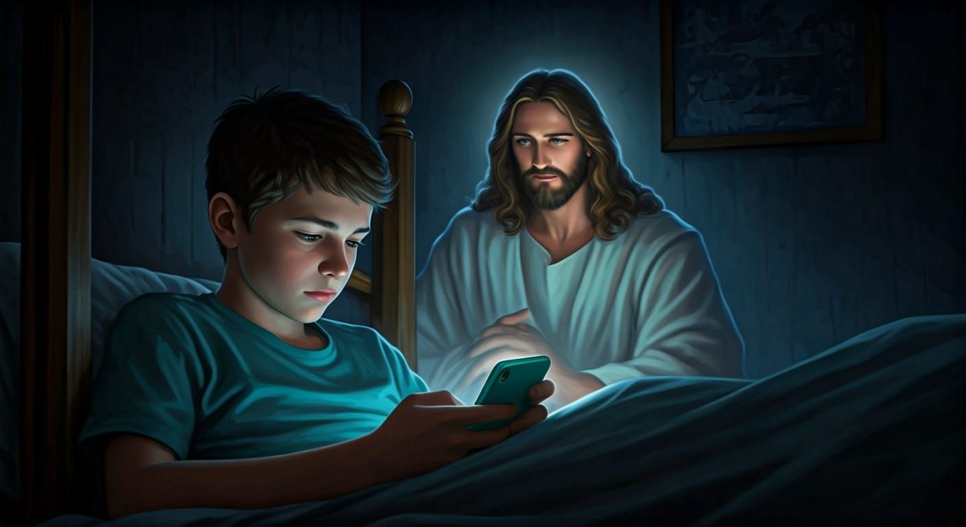 Transparent Jesus Watches Boy with Turquoise Phone