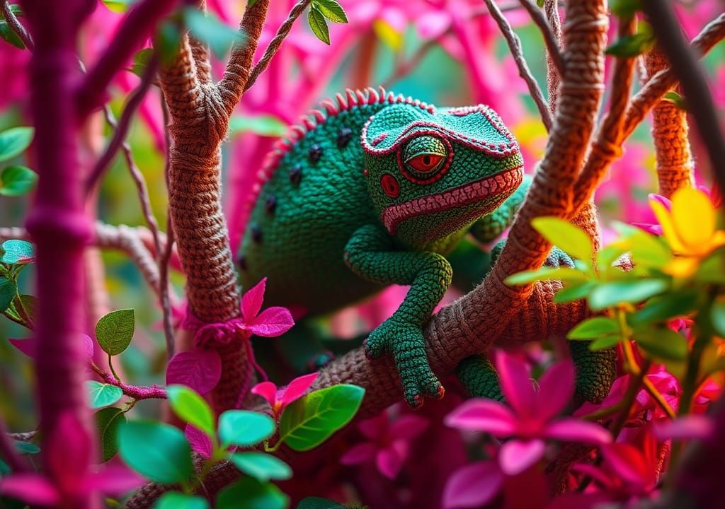 "A camouflaged macramé chameleon hiding among trees and plan...