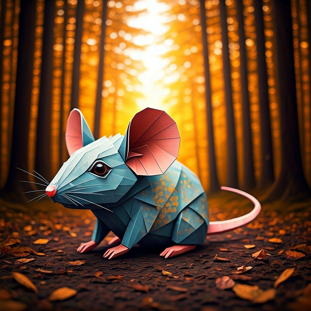 Papercraft Mouse in Autumn Forest, Digital Art