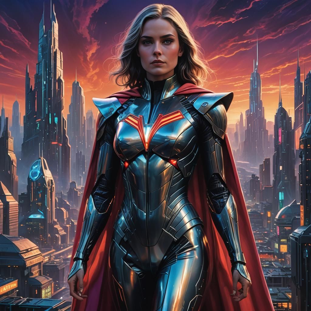 Kryptonian Heroine in Sci-Fi Cityscape