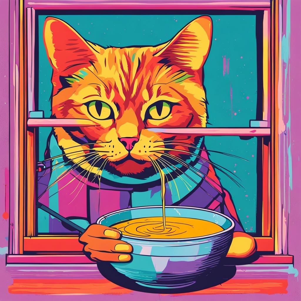 Cat Eating Soup: Pop Art Screen Print