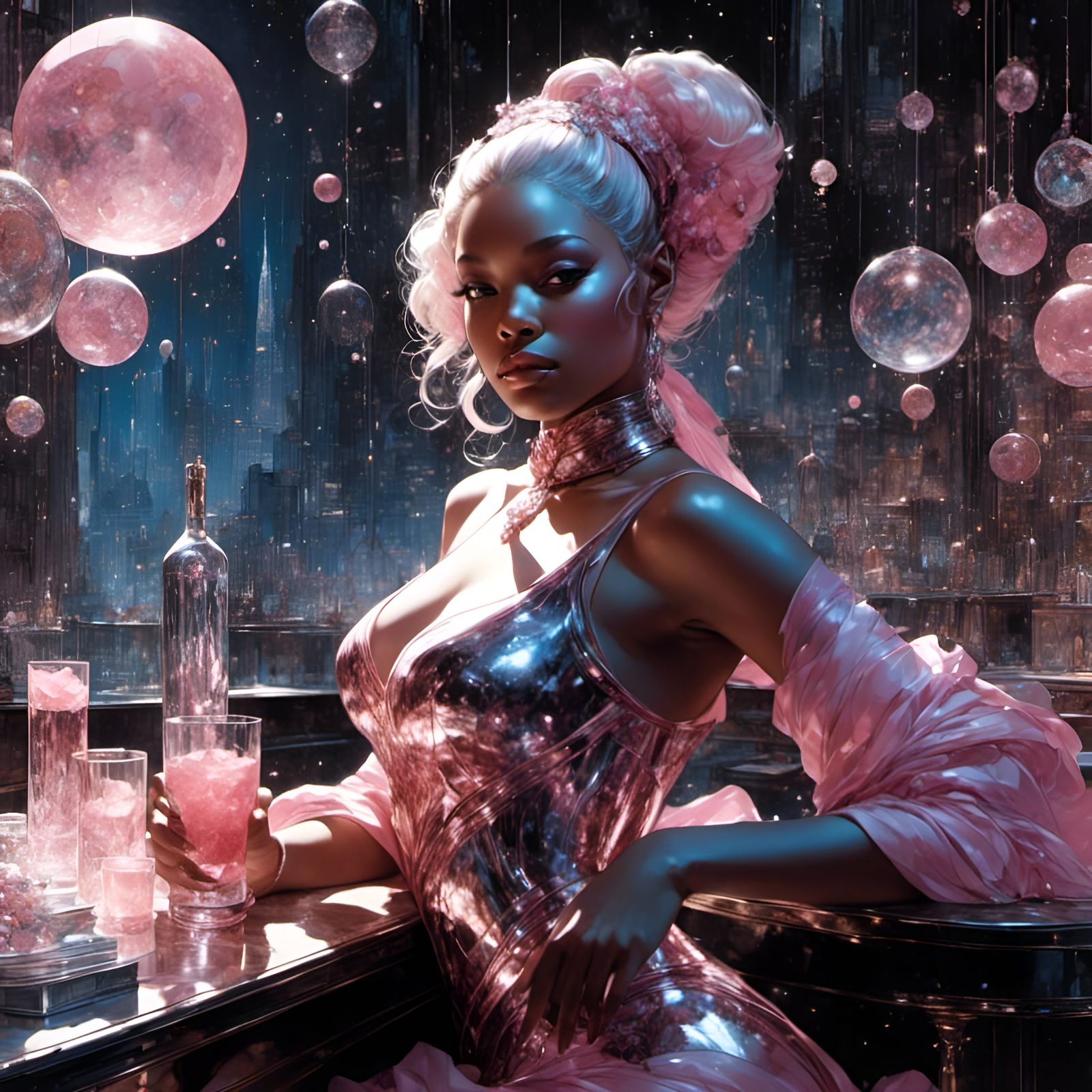 Guinan: Sensual Barmaid in Pink Futuristic Glass Art