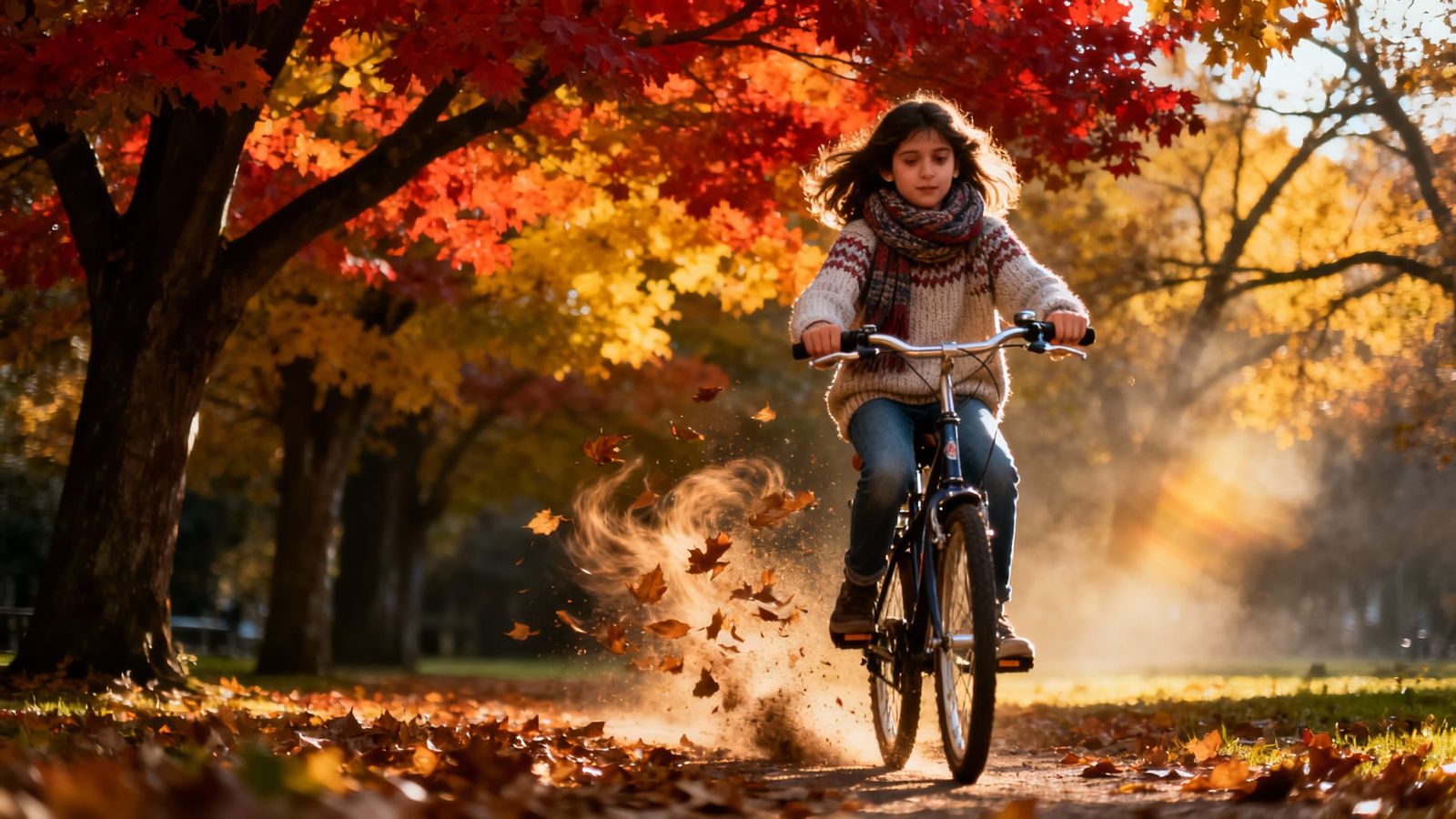 Young Girl Cycles Through Vibrant Autumn Woods