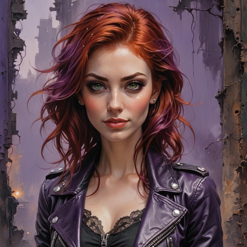 Red-Haired Beauty in Post-Apocalyptic Acrylic Painting