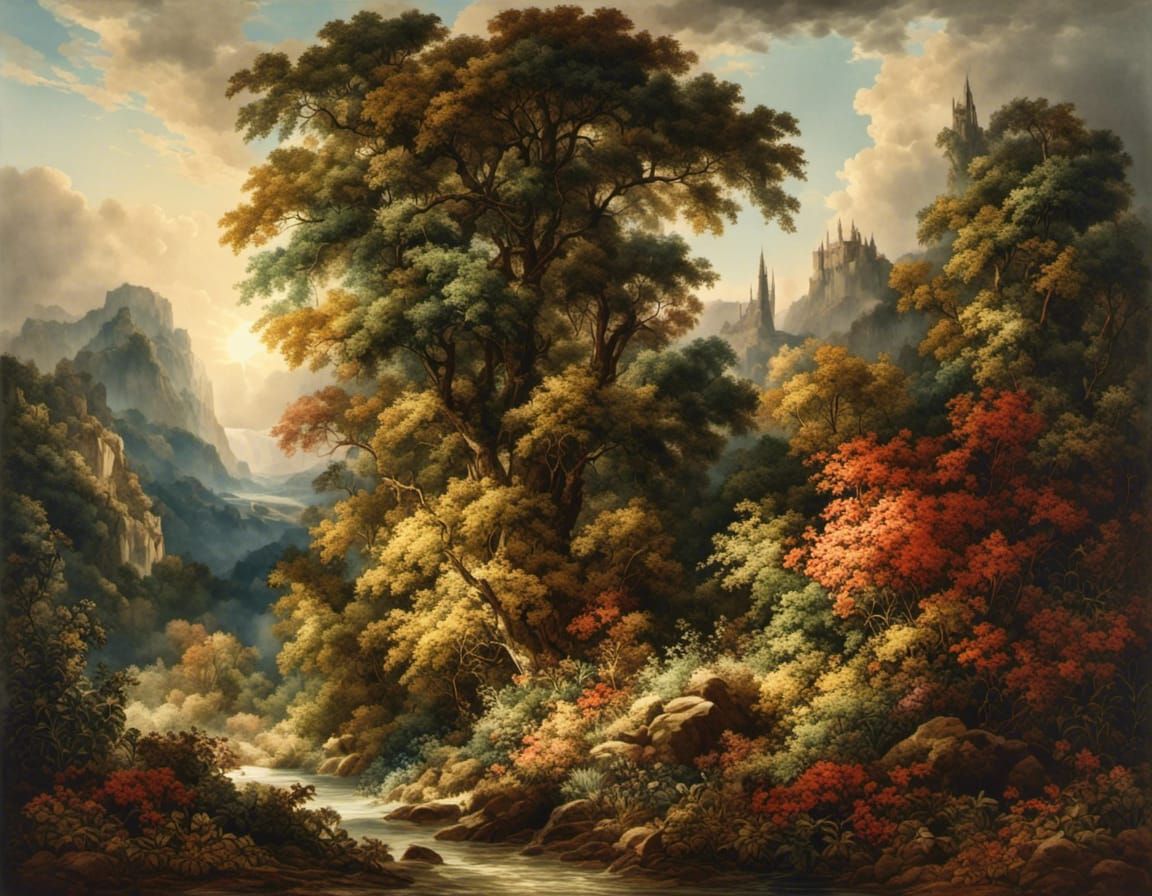 Watercolor Sunset Lighthouse Seascape in Fantasycore Style