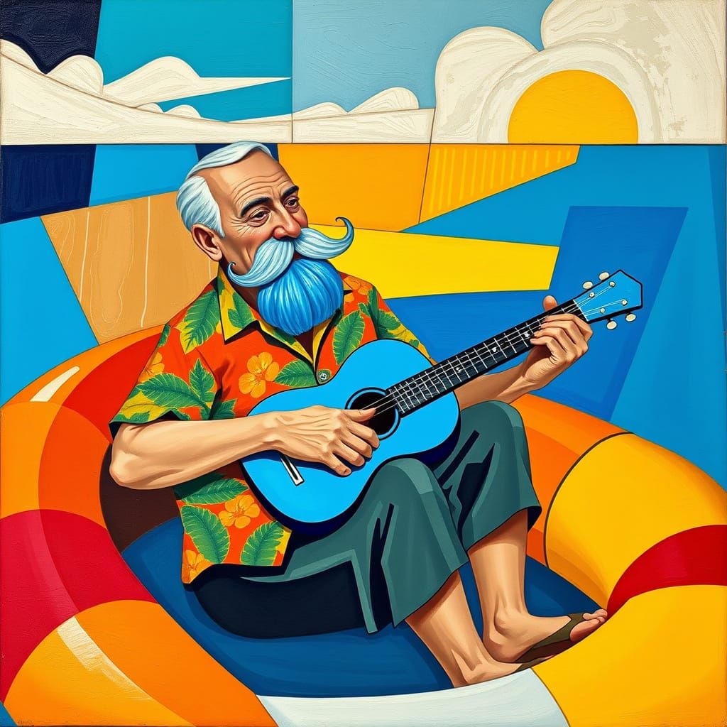 Blue Mustache Grandpa in Abstract Cubism Scene