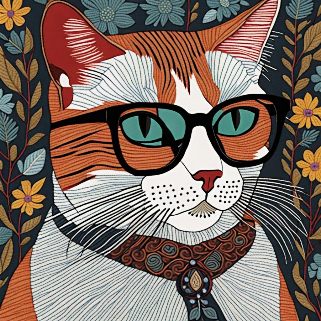 Whimsical Cat in Glasses Textile Art