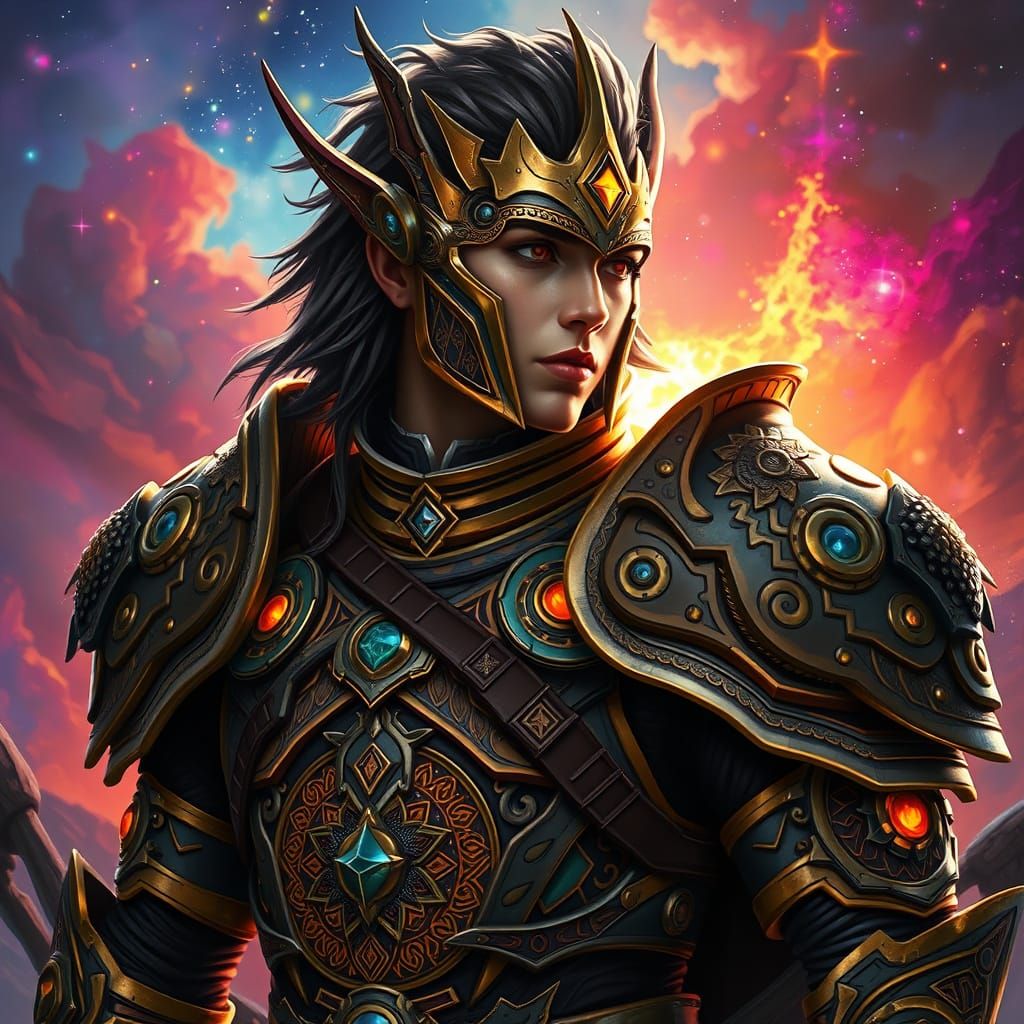 Celestial Warrior in Intricate Armor with Dramatic Lighting