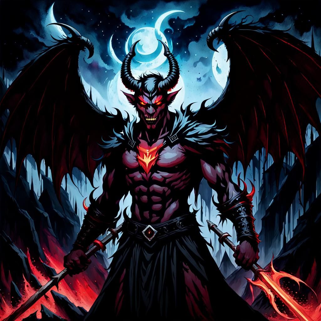 Devil with Scythe in Gothic Watercolor Style