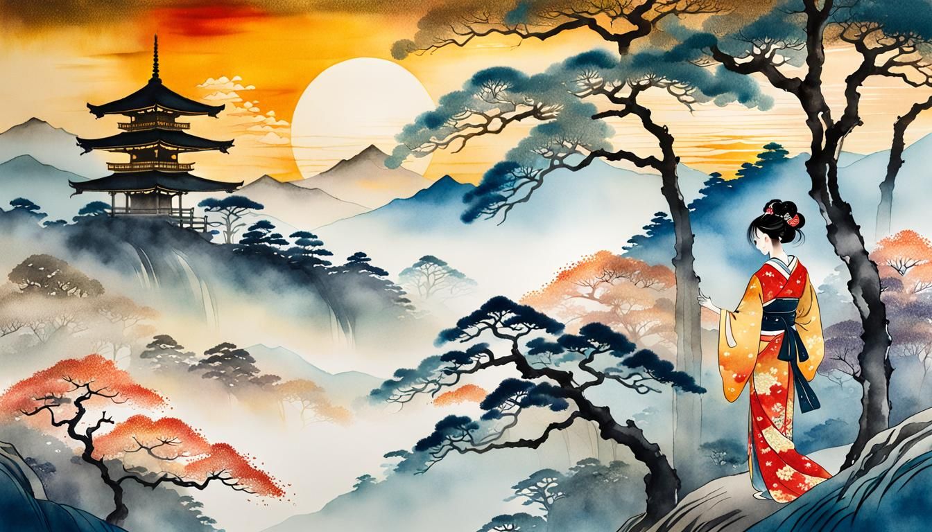 Girl in Kimono: Ukiyo-e Japanese Style Alcohol Ink