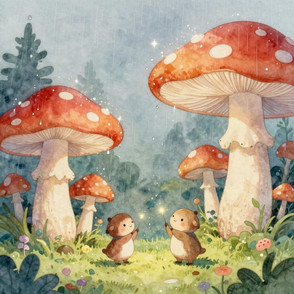 Woodland Creatures Under Magical Mushroom Rain in Watercolor...