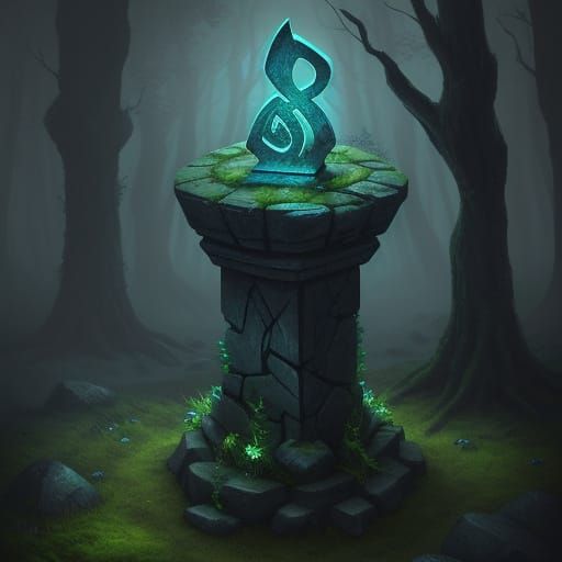 Mysterious Glowing Stone in Eerie Forest Mist