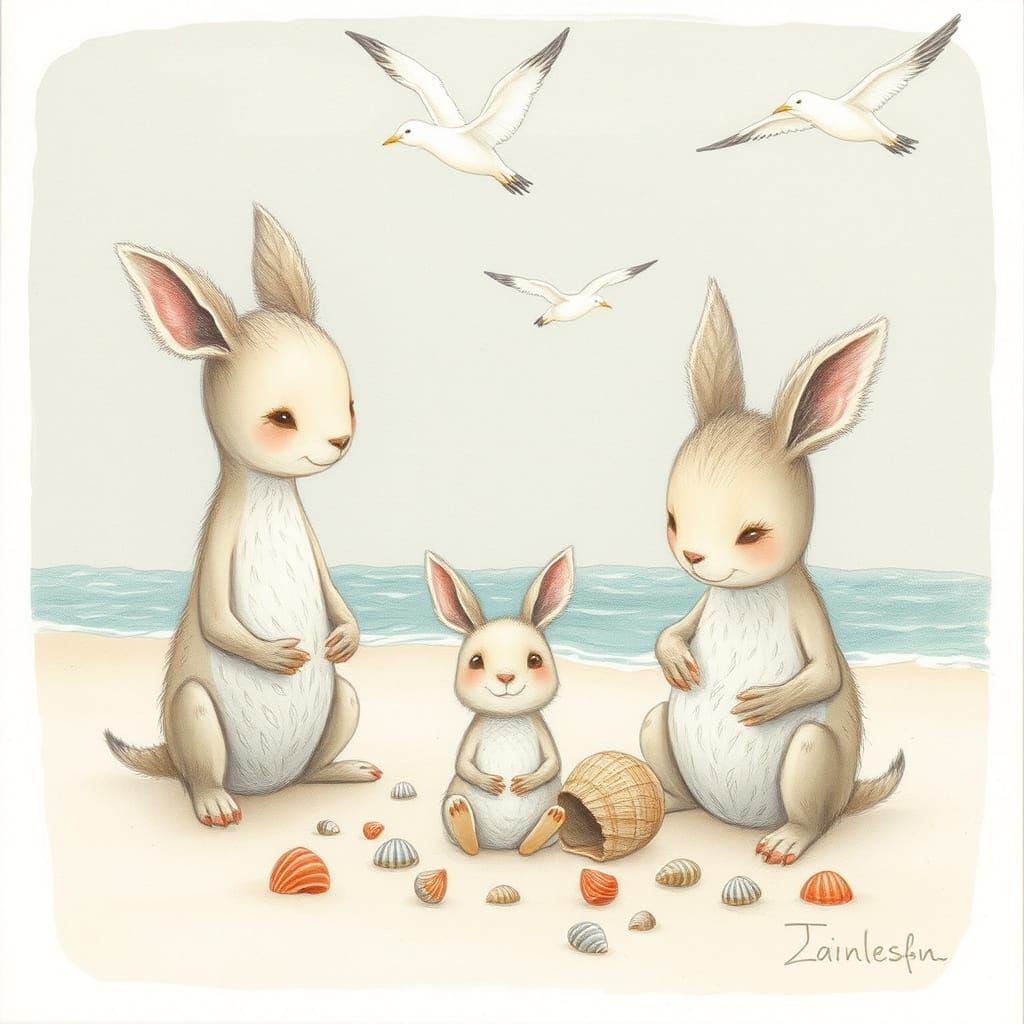 Whimsical Fantasy Creatures at a Cozy Beach in Soft Pencil S...