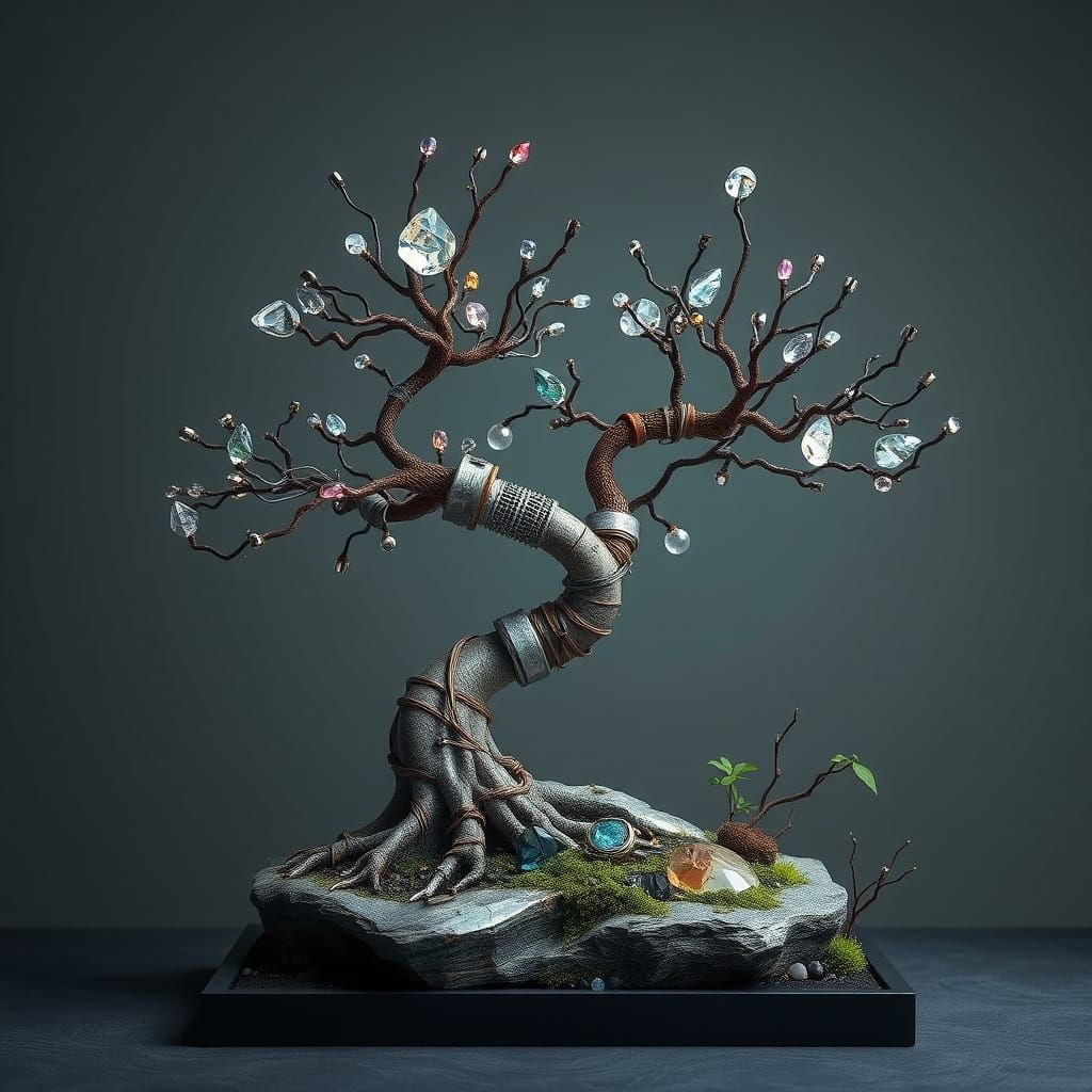 Cyberpunk Gemstone Bonsai Tree in Zen Garden