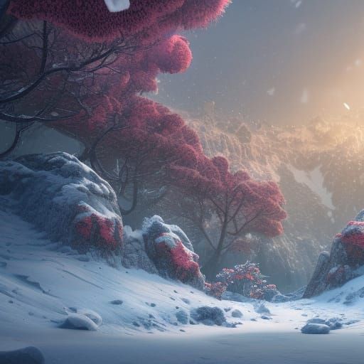 Flourishing Flower Amidst Snow, Detailed Matte Painting