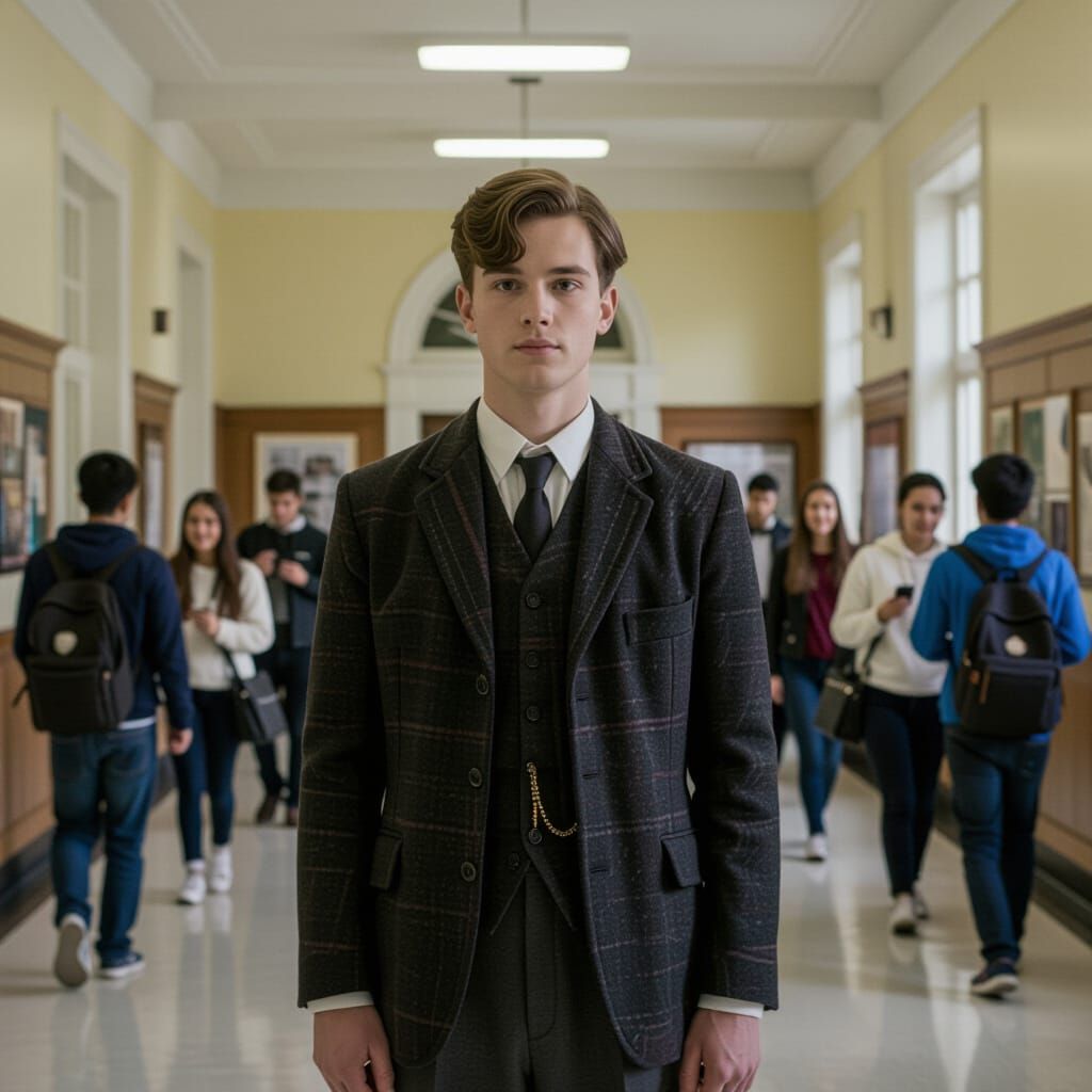 Vintage Student in Modern School Hallway