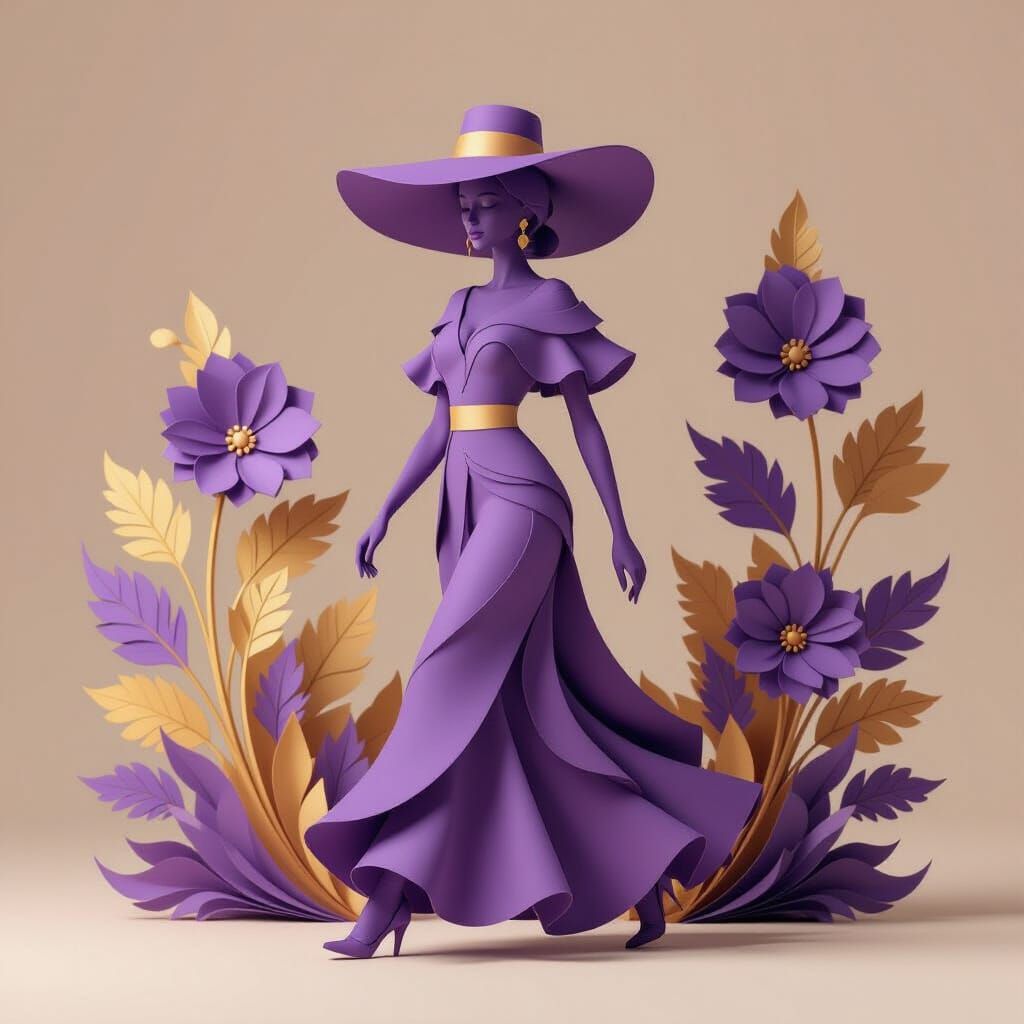 Purple and Gold Paper Sculpture Lady with Hat