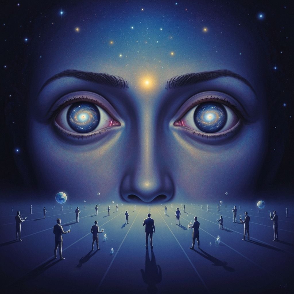 Cosmic Entity Gazing at Fading Illusions in Surreal Style