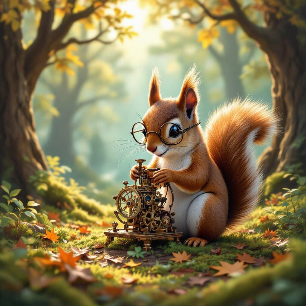 Squirrel Crafts Clockwork Automaton in Sun-Dappled Clearing